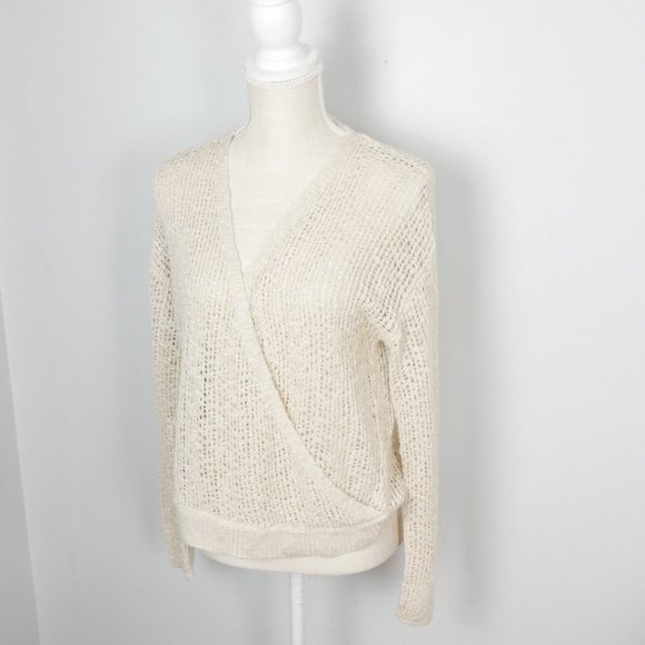 Hem & Thread Tan Cream Wrap Top Balletcore Long Sleeve Open Knit Sweater Medium - Picture 3 of 11